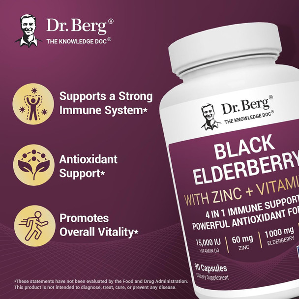 Dr. Berg Black Elderberry Capsules Advanced Immune Support With 15,000 Iu Vitamin D 60 Mg Of Zinc and 90 Mg Of Camu Camu 4-In-1 Sambucus Elderberry Immune Support Supplement  90 Capsules