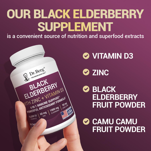 Dr. Berg Black Elderberry Capsules Advanced Immune Support With 15,000 Iu Vitamin D 60 Mg Of Zinc and 90 Mg Of Camu Camu 4-In-1 Sambucus Elderberry Immune Support Supplement  90 Capsules