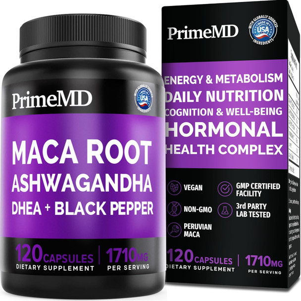 6-In-1 Organic Maca Root & Ashwagandha Capsules 1710Mg W/Dhea & Black Pepper Fruit Extract - Maca Root Capsules For Women & Men - Stamina, Bone And Mood Support Supplement,120 Capsules (40 Servings)
