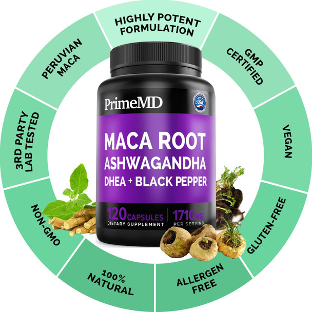 6-In-1 Organic Maca Root & Ashwagandha Capsules 1710Mg W/Dhea & Black Pepper Fruit Extract - Maca Root Capsules For Women & Men - Stamina, Bone And Mood Support Supplement,120 Capsules (40 Servings)