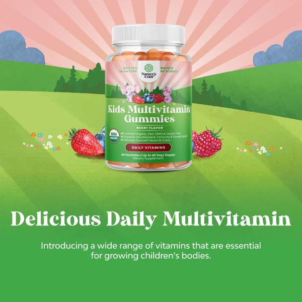 Usda Organic Kids Multivitamin Gummies - Vegan Organic Multivitamin For Kids 2+ With 14 Essential Vitamins And Minerals - Daily Kids Gummy Multivitamins - Vegan Nut & Non-Gmo (60 Count)