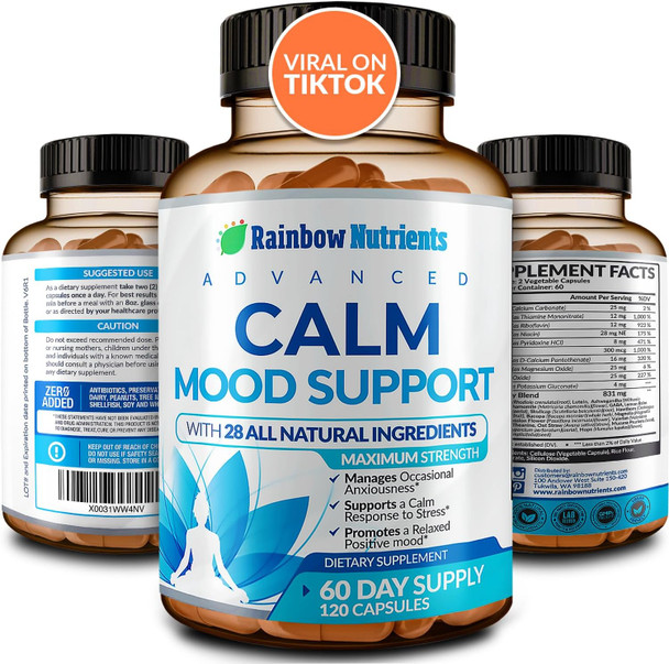28 In 1 Calm Mood Support Supplement- Natural Happy Pills For Occasional Anxiousness & Stress, Worry Feelings, Relaxation, Mental Clarity  Max Sleep & Mood Support For Women & Men120 Vegan Capsules