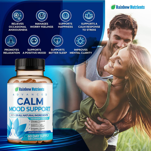 28 In 1 Calm Mood Support Supplement- Natural Happy Pills For Occasional Anxiousness & Stress, Worry Feelings, Relaxation, Mental Clarity  Max Sleep & Mood Support For Women & Men120 Vegan Capsules