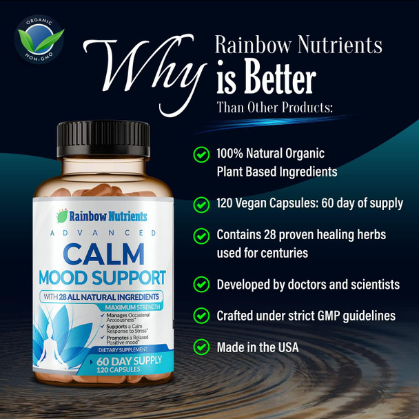 28 In 1 Calm Mood Support Supplement- Natural Happy Pills For Occasional Anxiousness & Stress, Worry Feelings, Relaxation, Mental Clarity  Max Sleep & Mood Support For Women & Men120 Vegan Capsules