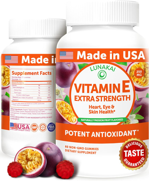 Lunakai Usa Made Vitamin E Gummies 400Iu With Vitamin C - Delicious, Vegan, Non-Gmo Supplement For Daily Skin & Eye Support, D-Alpha Tocopherol, 60Ct