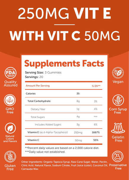Lunakai Usa Made Vitamin E Gummies 400Iu With Vitamin C - Delicious, Vegan, Non-Gmo Supplement For Daily Skin & Eye Support, D-Alpha Tocopherol, 60Ct