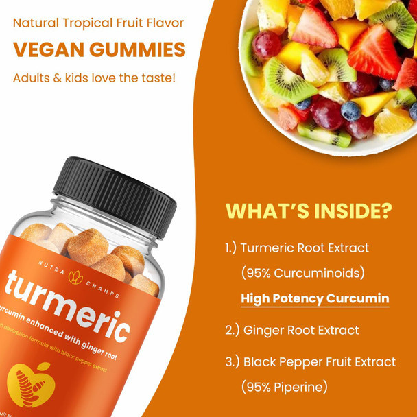 Turmeric Gummies For Adults & Kids With Ginger & Black Pepper Extract  95% Curcuminoids  Vegan Natural Curcumin Joint Support  120 Tumeric Gummy Supplements (2-Pack Of 60)