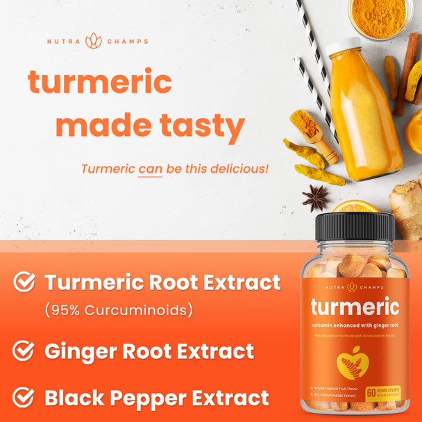 Turmeric Gummies For Adults & Kids With Ginger & Black Pepper Extract  95% Curcuminoids  Vegan Natural Curcumin Joint Support  120 Tumeric Gummy Supplements (2-Pack Of 60)