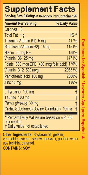 Dietary Supplement With High Potency Zinc & 7 B Vitamins, No Preservatives, Sugar Or Caffeine, Made In Usa, 50 Softgels (1 Pack)