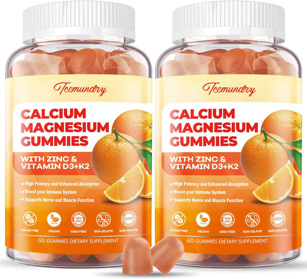 Calcium Magnesium Zinc Gummies With Vitamin D3 & K2 - High Absorption Magnesium Glycinate 400Mg - Sugar Calcium Supplement - Support Nerve Muscle Mood & Immunity - For Adults Men Women Kids