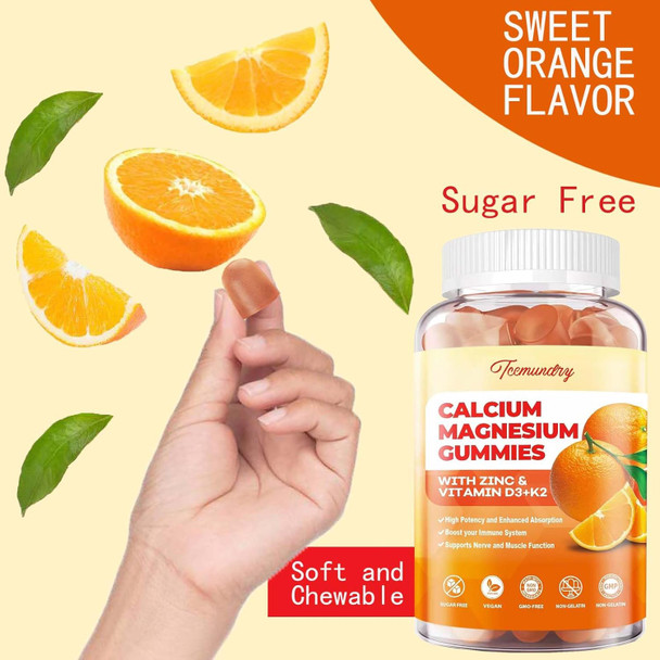 Calcium Magnesium Zinc Gummies With Vitamin D3 & K2 - High Absorption Magnesium Glycinate 400Mg - Sugar Calcium Supplement - Support Nerve Muscle Mood & Immunity - For Adults Men Women Kids