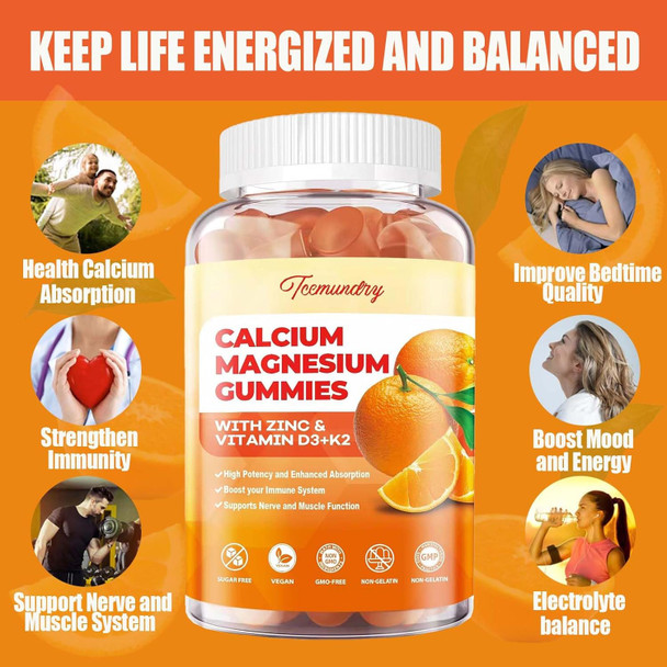Calcium Magnesium Zinc Gummies With Vitamin D3 & K2 - High Absorption Magnesium Glycinate 400Mg - Sugar Calcium Supplement - Support Nerve Muscle Mood & Immunity - For Adults Men Women Kids