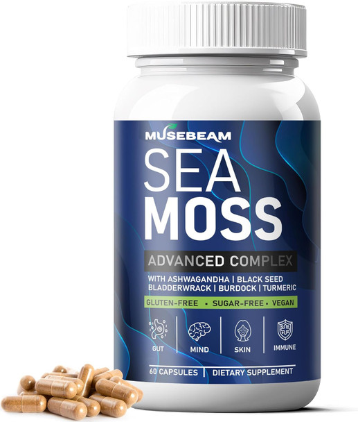 Irish Sea Moss 6000Mg - 2000Mg Black Seed Oil Ashwagandha Burdock Root Ginger Capsules - Advanced Seamoss Vitamin Multi Mineral Complex Supplement Pills For Men Women