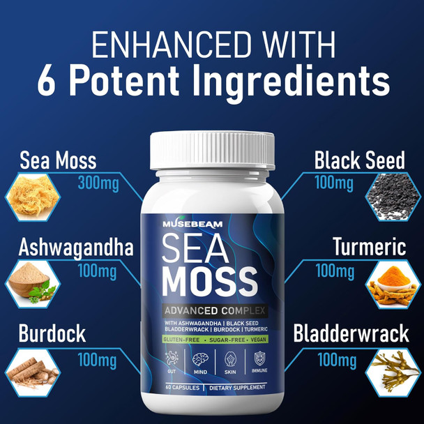 Irish Sea Moss 6000Mg - 2000Mg Black Seed Oil Ashwagandha Burdock Root Ginger Capsules - Advanced Seamoss Vitamin Multi Mineral Complex Supplement Pills For Men Women
