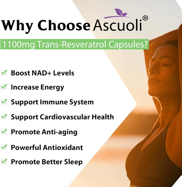 99% Ultra Purity Ascuoli Trans-Resveratrol 1100Mg, 3-In-1 Advanced Formula Organic Resveratrol Supplement, Max Antioxidant Anti-Aging, Skin Health, Cell Repair Boost Nad+, Immune & Energy, 60 Capsules