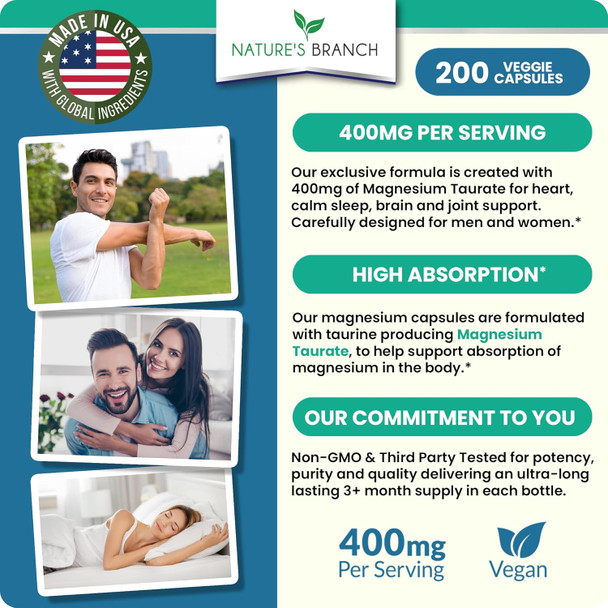 Magnesium Taurate 400Mg - 200 Capsules - High Absorption For Sleep, Heart Health, Calm, Joint Supplement For Women And Men - Made In Usa, Pure Elemental Mag Powder Plus Taurine - Extra Strength Pills