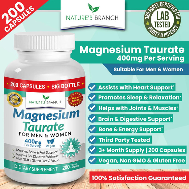 Magnesium Taurate 400Mg - 200 Capsules - High Absorption For Sleep, Heart Health, Calm, Joint Supplement For Women And Men - Made In Usa, Pure Elemental Mag Powder Plus Taurine - Extra Strength Pills
