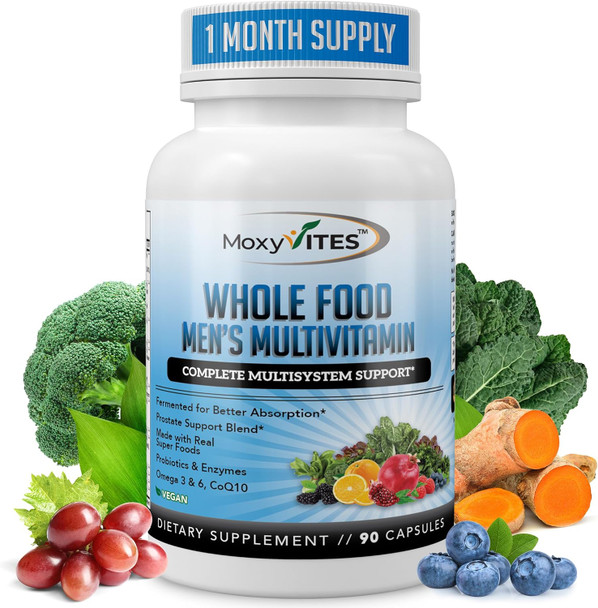 MoxyVites Mens Multivitamins - Daily Mens Vitamins With 44 Organic Whole Food - Multivitamin For Men With Iron & Fermented Nutrients - Vegan Daily Vitamin For Men With B-Complex, Probiotics, Omegas