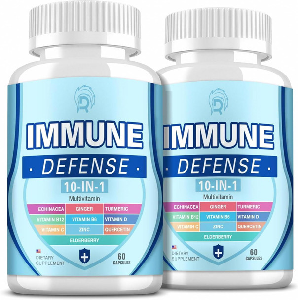 (2 Pack Immune Support Supplement, 10-In-1 Immune Defence With Vitamin C B6 B12 Vit D, Zinc, Echinacea Quercetin Turmeric Black Elderberry Extract Immune Boosters For Adult