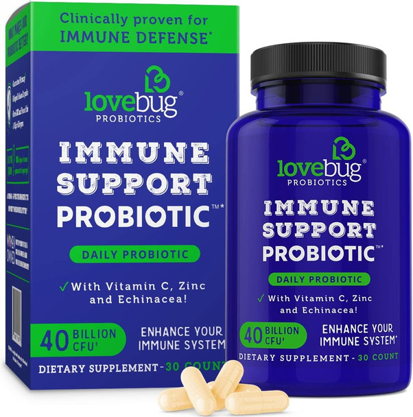 Lovebug Probiotics Immune Support Daily Probiotic For Men & Women, 40 Billion Cfu & 6 Strains, Includes Vitamin C, Zinc & Echinacea, 30 Capsules, Vegan & Non-Gmo