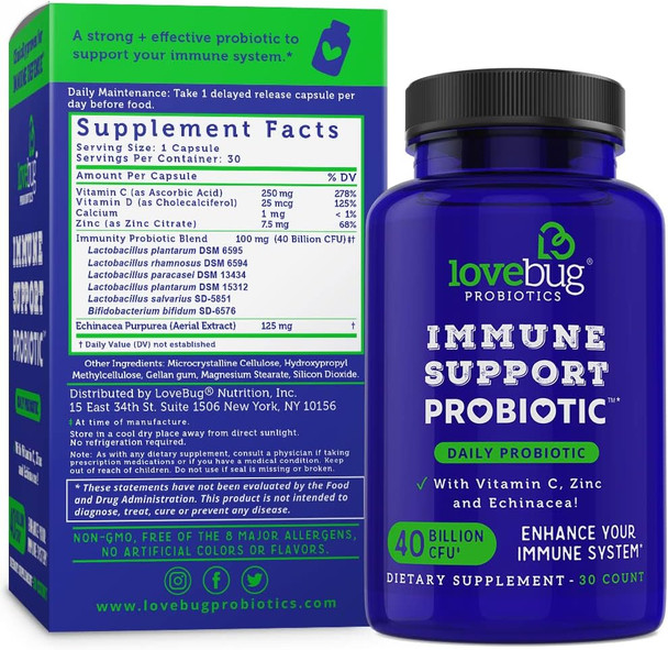 Lovebug Probiotics Immune Support Daily Probiotic For Men & Women, 40 Billion Cfu & 6 Strains, Includes Vitamin C, Zinc & Echinacea, 30 Capsules, Vegan & Non-Gmo