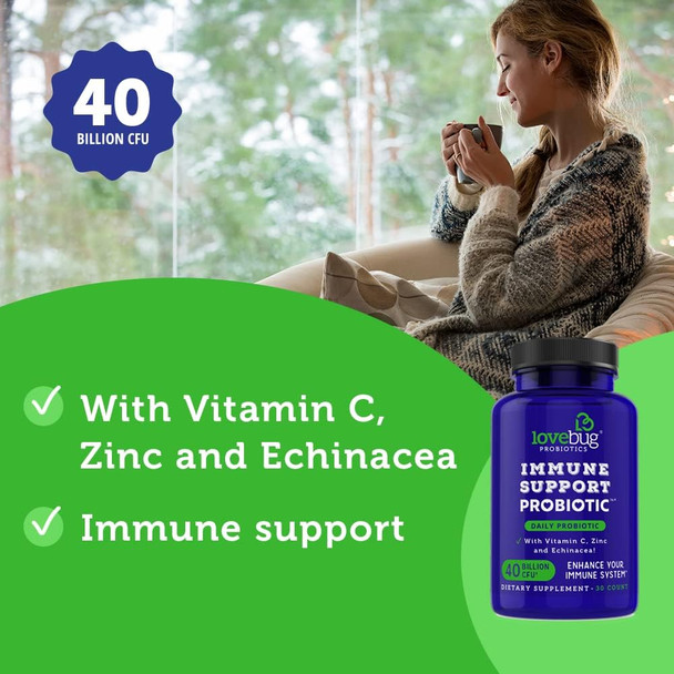 Lovebug Probiotics Immune Support Daily Probiotic For Men & Women, 40 Billion Cfu & 6 Strains, Includes Vitamin C, Zinc & Echinacea, 30 Capsules, Vegan & Non-Gmo