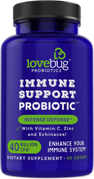 Lovebug Probiotics Immune Support Daily Probiotic For Men & Women, 40 Billion Cfu & 6 Strains, Includes Vitamin C, Zinc & Echinacea, 30 Capsules, Vegan & Non-Gmo