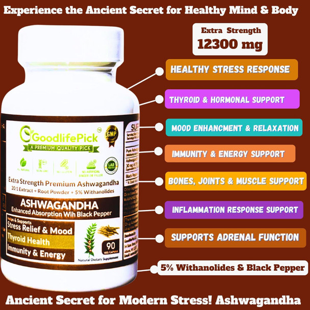 Premium Ashwagandha Capsules 12300 Mg From Ashwagandha Root Powder & 20:1 Ashwagandha Extract With Black Pepper For Healthy Stress Response Allnatural Nongmo Nogluten No Rice Powder No Stearate 90 Ct