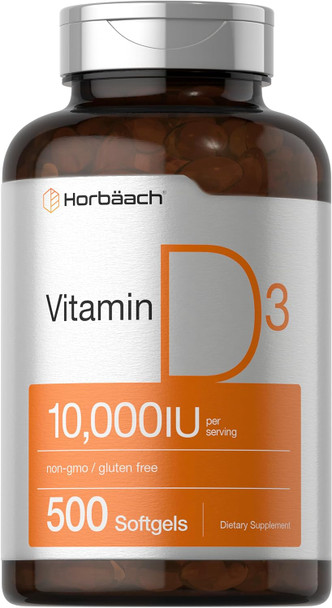 HorbAach Vitamin D3 10000 Iu  500 Softgels  Non-Gmo, Gluten Supplement  Value Size  250Mcg  High Potency Formula
