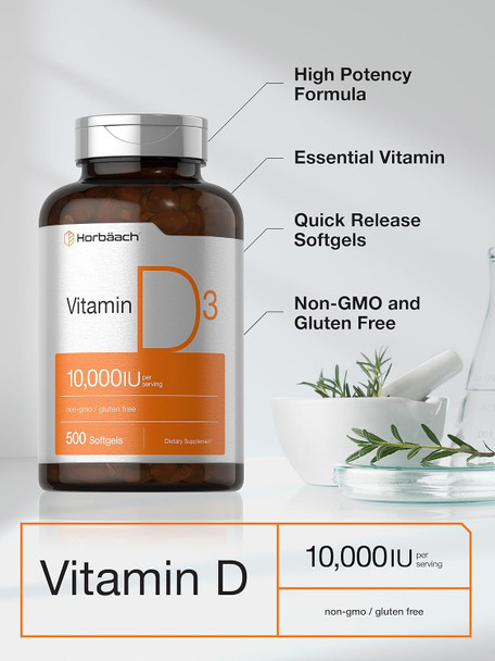 HorbAach Vitamin D3 10000 Iu  500 Softgels  Non-Gmo, Gluten Supplement  Value Size  250Mcg  High Potency Formula