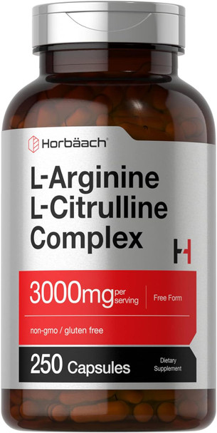HorbAach L-Arginine L-Citrulline Complex  3000Mg  250 Capsules  Non-Gmo, Gluten Supplement
