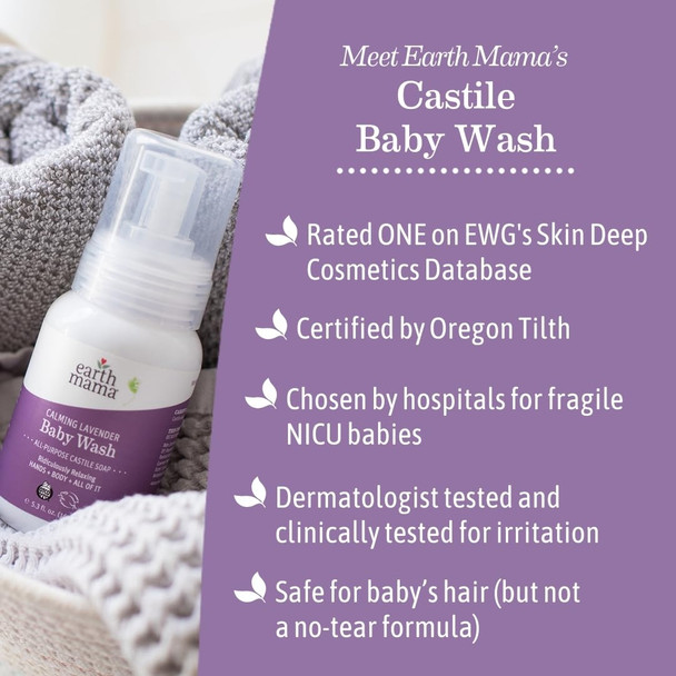 Earth Mama Calming Lavender Baby Wash Liquid Foaming Hand Soap, Organic All-Purpose Lavender Body Wash For Sensitive Skin, Castile Soap With Coconut Oil, Shea Butter, Calendula, & Aloe, 5.3 Fl Oz