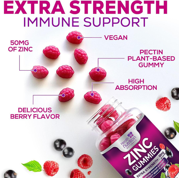 Zinc Gummy For Adults 50Mg, Max Strength Bone, Skin & Immune Support Zinc Gummies, Vegan, Non-Gmo & Gluten Free, Immune Health Support, Nature’S Antioxidant Chewable Zinc Vitamins - 60 Gummies
