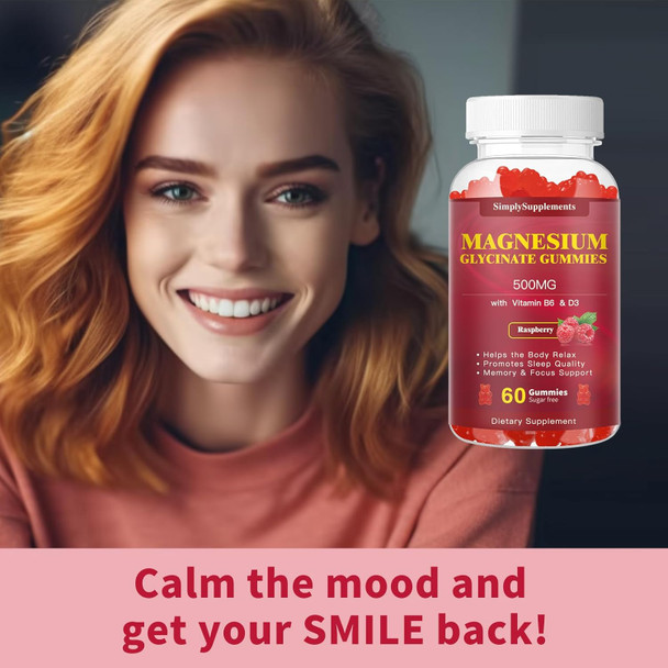 Magnesium Glycinate Gummies 500Mg, Chewable Magnesium Supplement With Vitamin D3, B6, Coq10, For Relaxation, Sleep & Mood Support, Calm Magnesium Gummies - 60 Raspberry Gummies