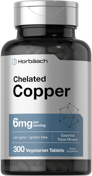 HorbAach Chelated Copper Supplement 6Mg  300 Tablets  Essential Trace Mineral  Vegetarian, Non-Gmo, Gluten Free