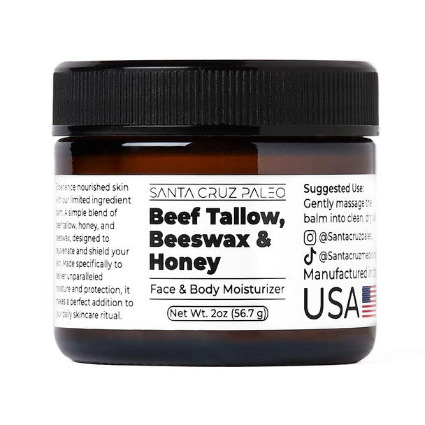 Santa Cruz Paleo Beef Tallow For Skin, Grass Finished & Grass Fed Beef Tallow And Honey Balm Body & Face Moisturizer, Organic Beeswax And Organic Honey, Light Scent, Moisturizing Natural Formula, 2 Oz