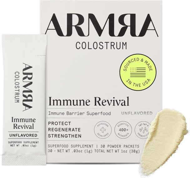 Armra Colostrum™ Premium Powder, Grass Fed, Gut Health Bloating Immunity Skin & Hair, Contains 400+ Bioactive Nutrients, Potent Bioavailable, Keto, Gluten & Fat (Unflavored  30 Servings)