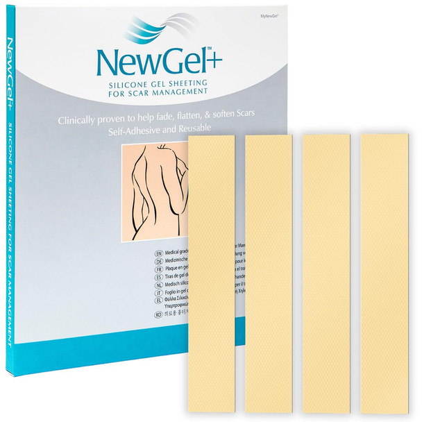 Newgel+ Advanced Silicone Scar Treatment Sheeting For Old And Scars, For Surgery, Injury, Keloids, C-Section, Burns, And Acne, Reusable, 1" X 6" Sheet (4 Count) - Beige