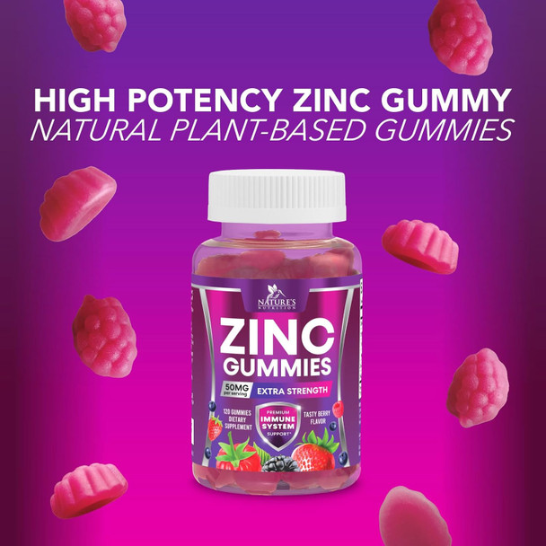 Zinc Gummies 50Mg - High Absorption Bone Skin & Immune Health Support Gummy & Antioxidant Chewable Supplement For Adults - Non-Gmo, Vegan & Gluten Zinc Vitamin, Mixed Berry Flavor - 120 Gummies