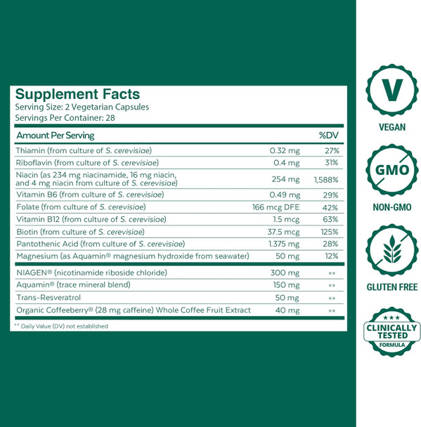 Qualia Nad+ Nicotinamide Riboside Nr Supplement, Can Boost Nad+ Levels Up To 50% With: Nr (Nicotinamide Riboside From Niagen), Niacin & Niacinamide - Vegan (56 Caps), (1 Month Supply)