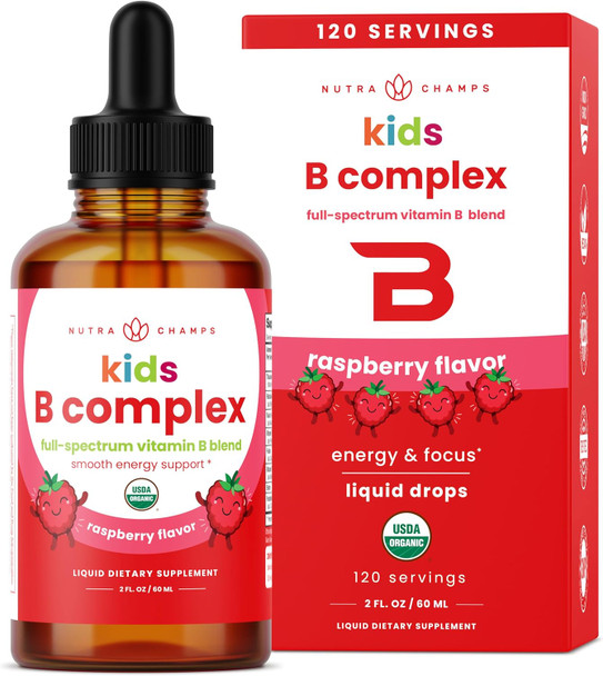 NutraChamps Vitamin B Complex for Kids B1, B2, B3, B6 B7 B9 & Methyl B12 Kids B Complex Liquid Drops Supplement Energy Focus Metabolism Natural Berry 120 Servings 4 Month Supply