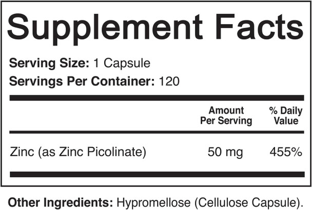 Nutriflair Zinc Picolinate 50Mg, 120 Capsules - Maximum Absorption Zinc Supplement Pills - Immune System Booster, Immunity Defense, Powerful Non-Gmo Antioxidant - Compare To Gluconate, Citrate, Oxide