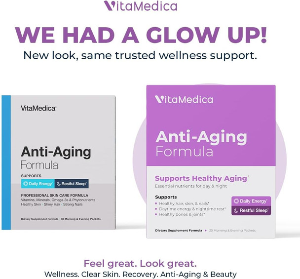 Vitamedica Anti-Aging Formula 4-In-1 Health And Beauty Supplement  Anti Aging Supplement For Women And Men  Healthy Hair, Skin, And Nails  Natural Energy & Restful Sleep  30 Am & Pm Packets