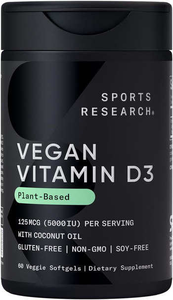 Sports Research Vegan Vitamin D3 5000Iu (125 Mcg) With Coconut Oil  100% Plant-Based Vitamin D For Bone, Joint & Immune Support  Carrageenan Free, Vegan Certified & Non-Gmo Verified (60 Softgels)
