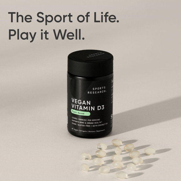 Sports Research Vegan Vitamin D3 5000Iu (125 Mcg) With Coconut Oil  100% Plant-Based Vitamin D For Bone, Joint & Immune Support  Carrageenan Free, Vegan Certified & Non-Gmo Verified (60 Softgels)