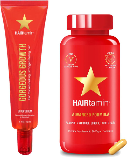 Hairtamin Advanced Hair & Scalp Serum Pack  All-Natural Vegan Biotin Capsules & Serum Sample For Hair, Skin & Nail Growth