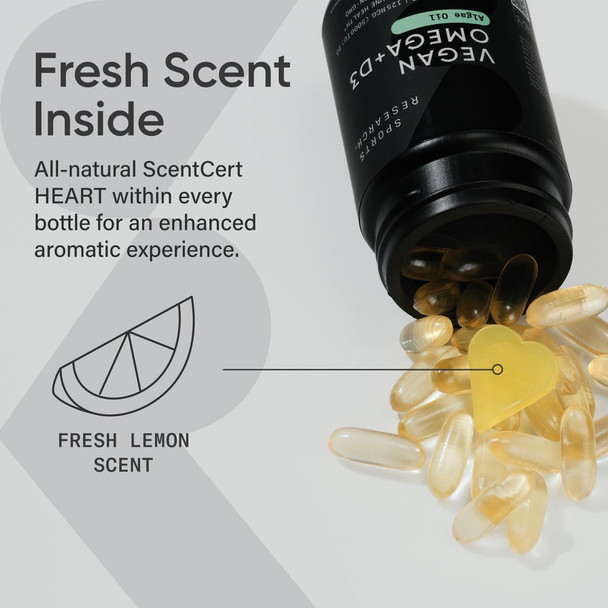 Sports Research Vegan Omega-3 With Vitamin D3 Softgels - 630Mg Epa+Dha & 125Mcg D3 Supplement - Fish Oil Alternative W/Vitamin D - Plant-Based Support From Algae Oil - Fresh Lemon Scent - 60 Veggie