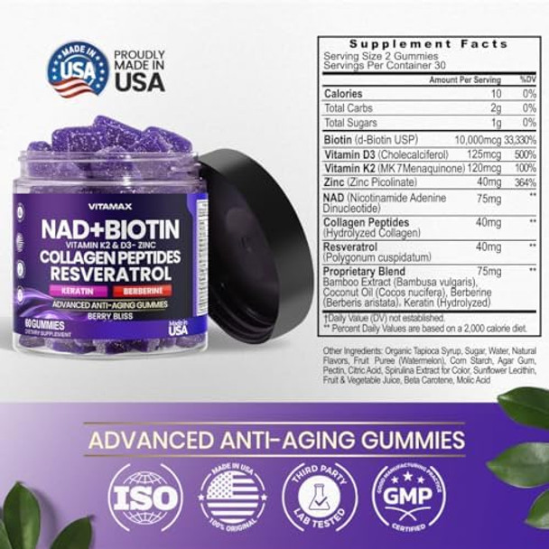 Nad+, Resveratrol, Berberine, & Biotin Anti-Aging Gummy - Hair, Skin, Nails & Joint Supplement - Collagen Peptides, Keratin, Zinc, Vitamin K2 & D3 Gummies - Regeneration - Vegan - Made In Usa 60 Count