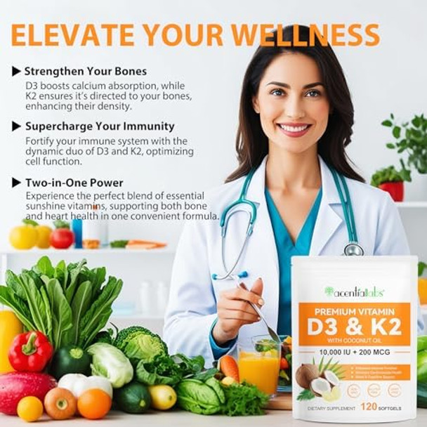 Vitamins D3 K2 Softgel, 10000 Iu Supplement Coconut Oil Softgels, 2 In 1 Vitamin D3 With K2 Complex Supports Calcium Absorption, Immune, Heart Health Non-Gmo, Gluten K2 D3 Vitamin Supplement,120P