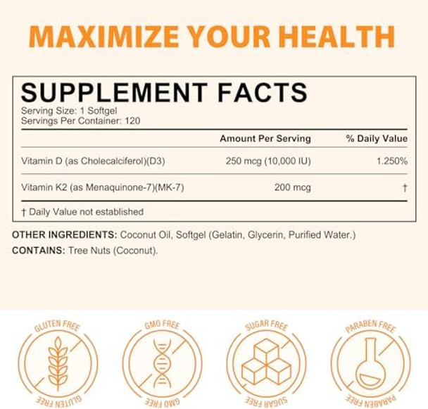 Vitamins D3 K2 Softgel, 10000 Iu Supplement Coconut Oil Softgels, 2 In 1 Vitamin D3 With K2 Complex Supports Calcium Absorption, Immune, Heart Health Non-Gmo, Gluten K2 D3 Vitamin Supplement,120P